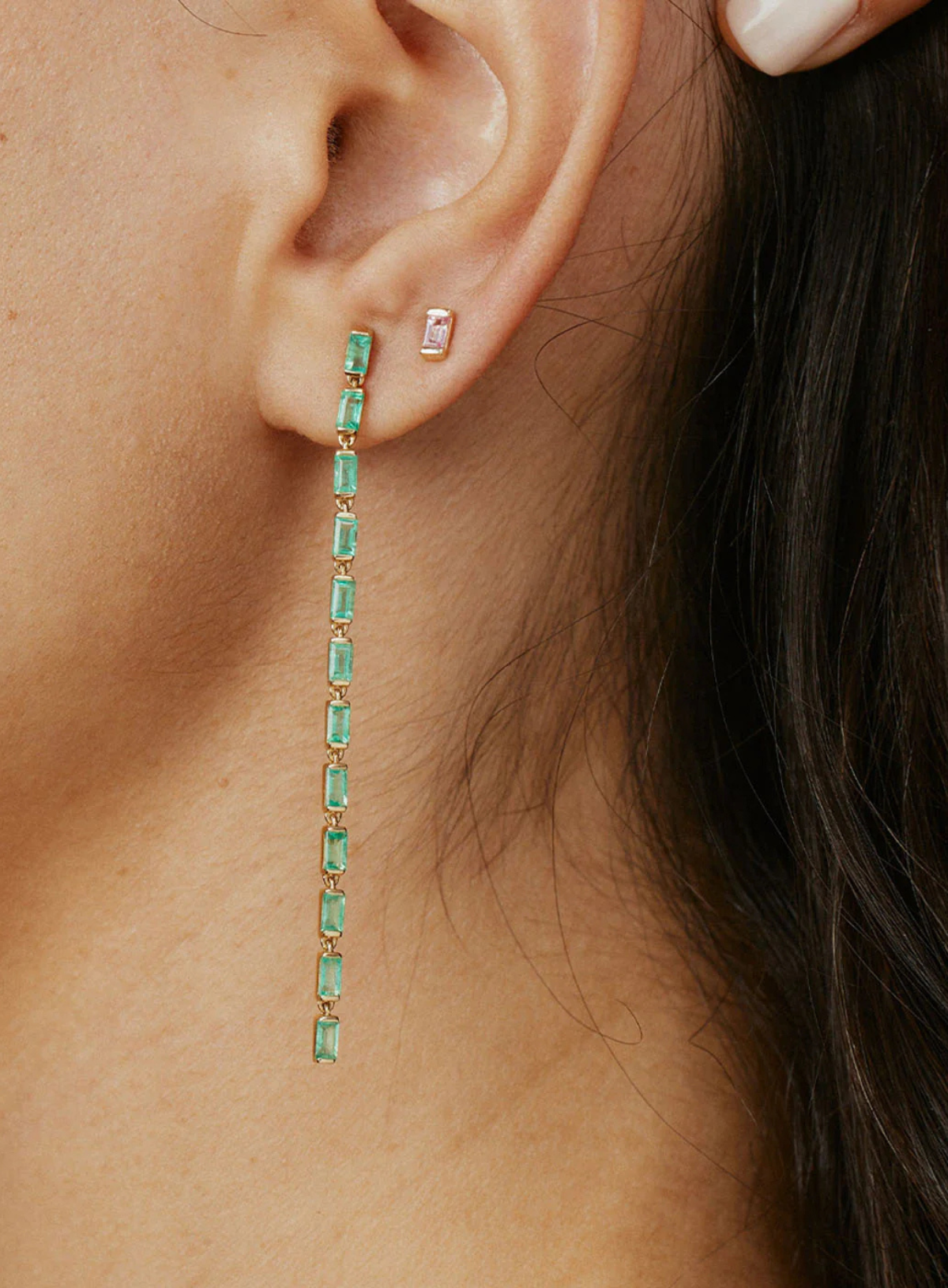 Emerald Baguette Link Earrings