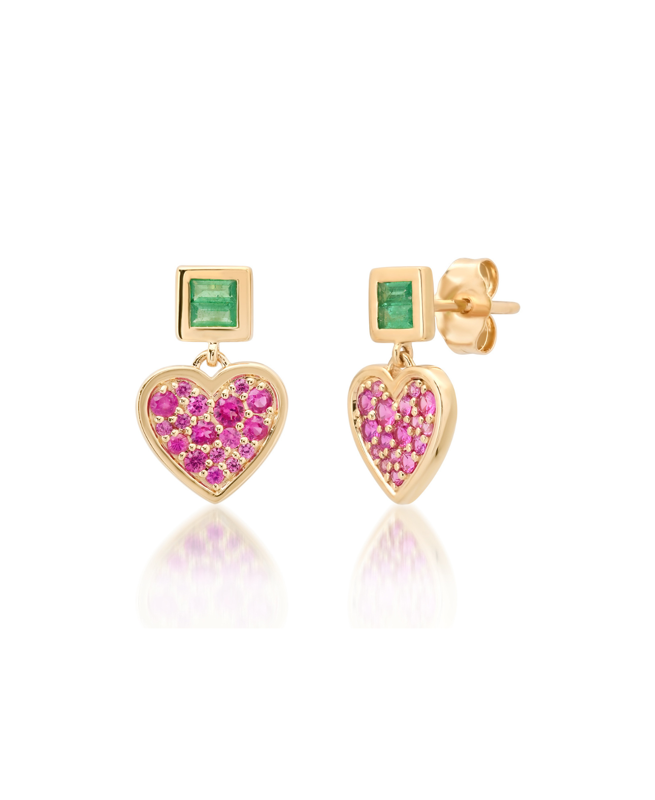 Deep Pink Sapphire and Emerald Small Sweetheart Earrings