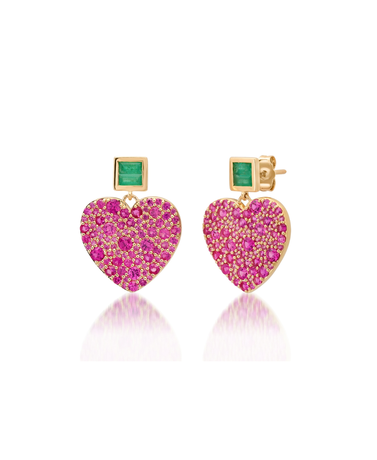 Deep Pink Sapphire and Emerald Jumbo Sweetheart Earrings