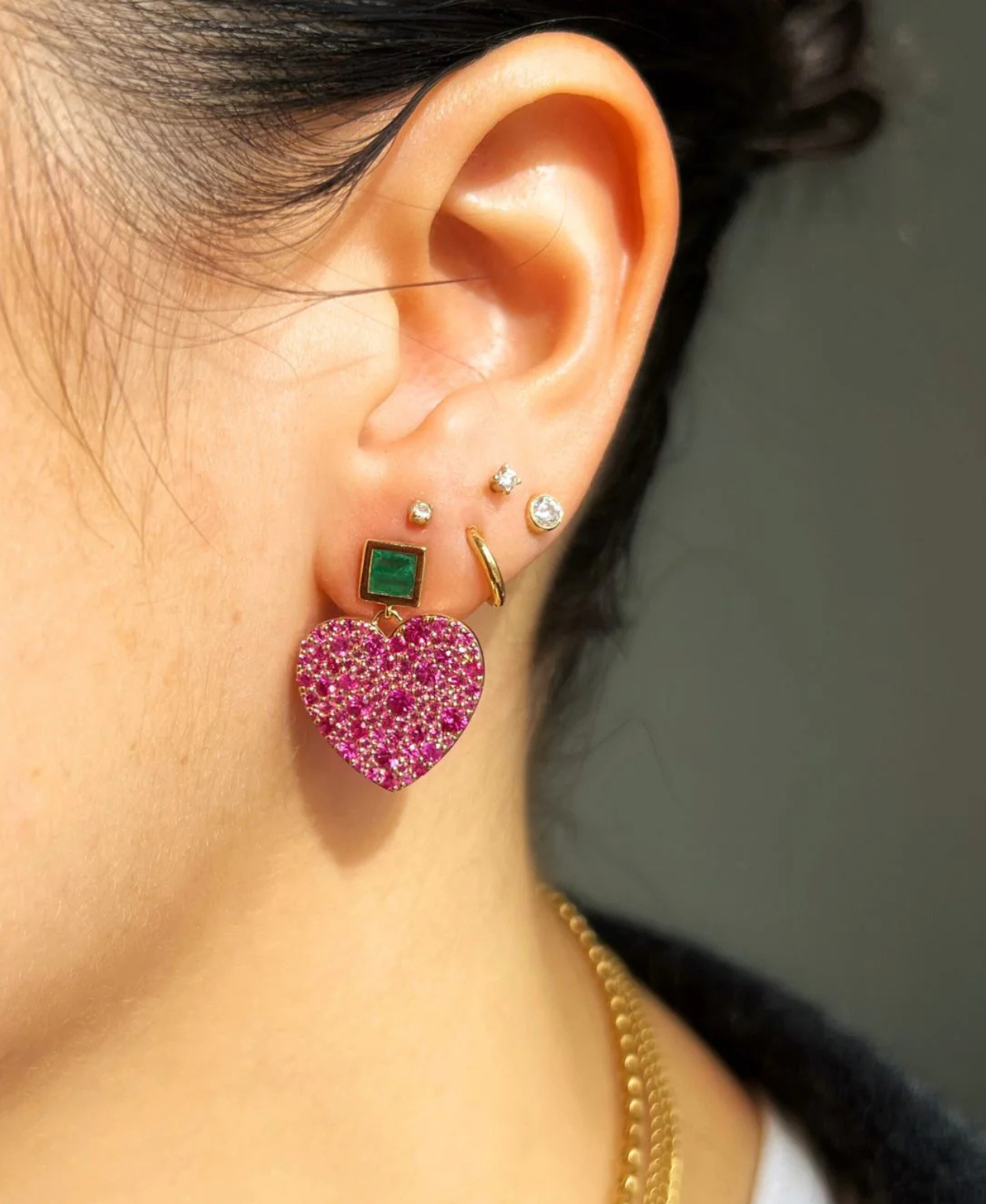 Deep Pink Sapphire and Emerald Jumbo Sweetheart Earrings